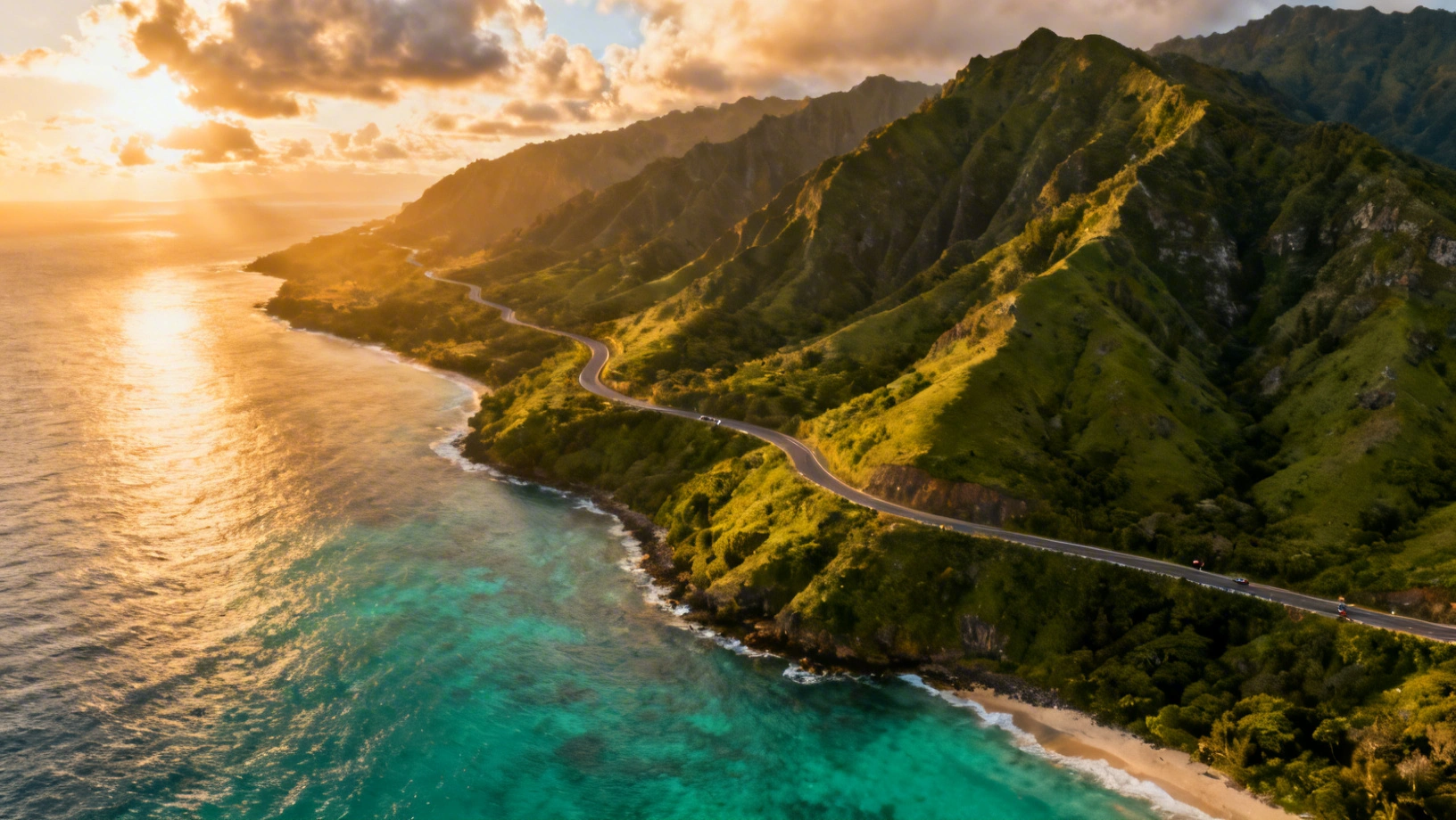 Paysage d'exploration — route sinueuse à travers les montagnes et l'océan